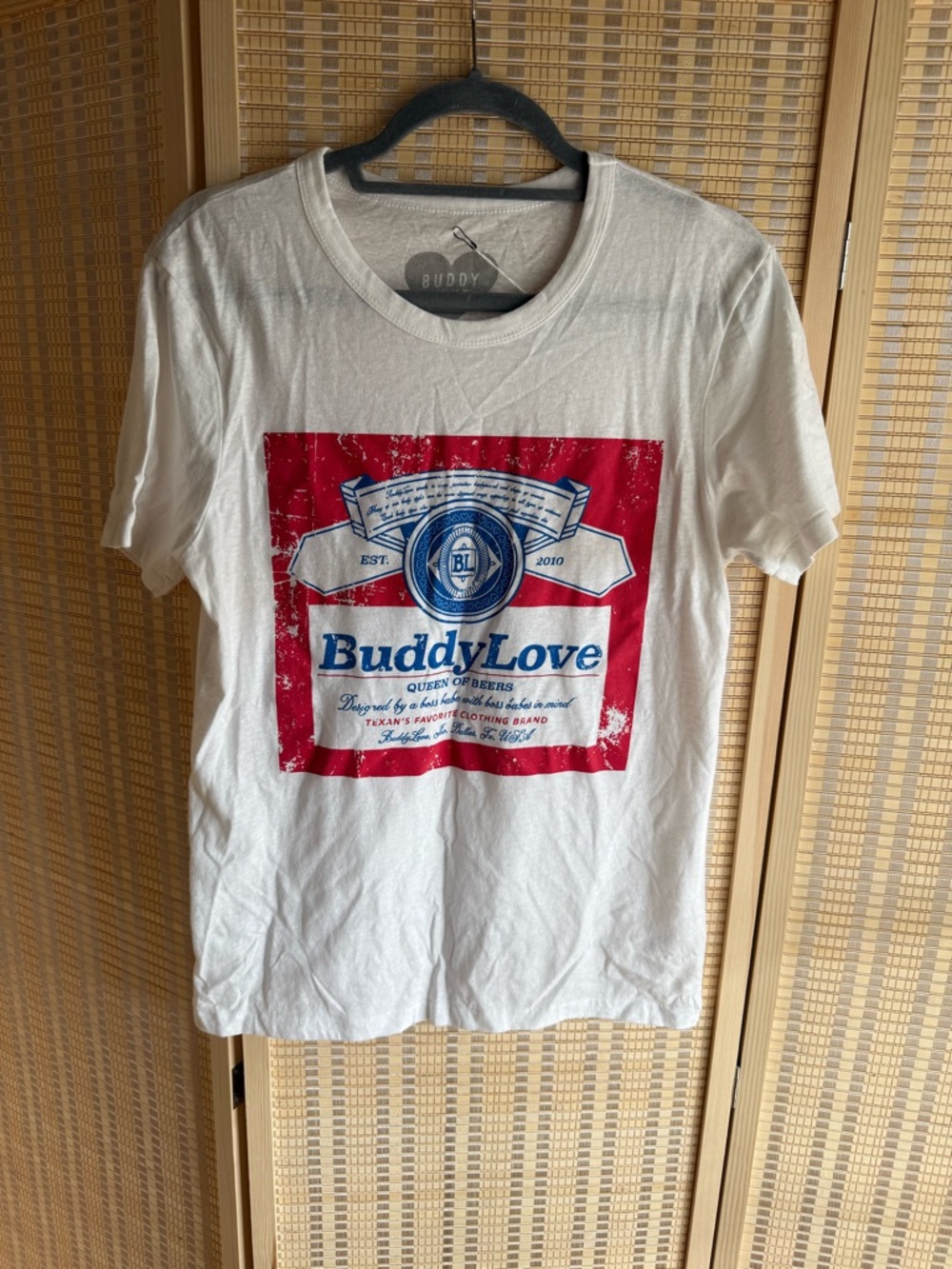 BuddyLove Graphic Logo Tee in White with Red & Blue Print